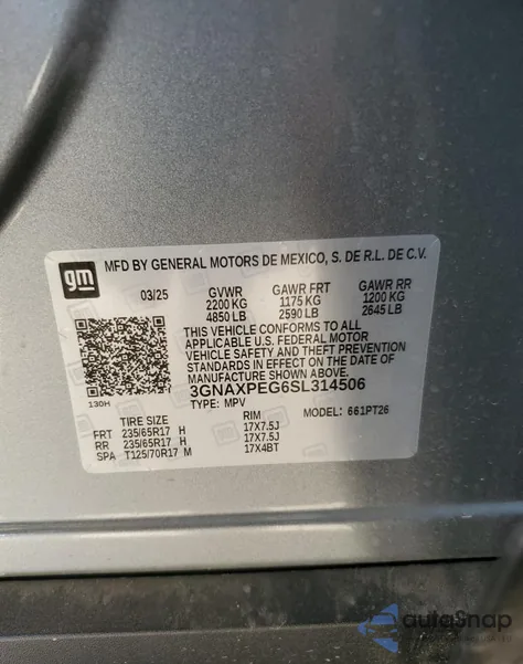 2025 Chevrolet Equinox Lt из США, поврежденный, VIN 3GNAXPEG6SL314506